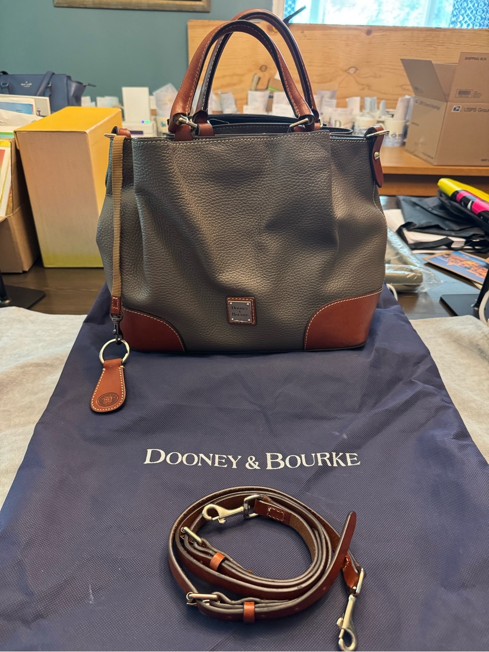 Dooney & Bourke Brenna, Pebbled Leather Tote, Detachable Strap. Elephant Grey.